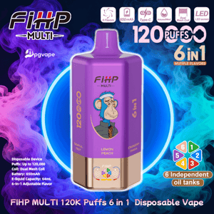 Lila FIHP Multi disponibel vape-enhet med en tecknad apa-logotyp centrerad mot virvlande rosa och blå rök, omgiven av ikoner och textreklam 120 puffar, 6-i-1 flera smaker och 6 oberoende oljetankar plus batteri- och specifikationsikoner.