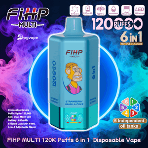 Turkos FiHP Multi disponibel vape-förpackning som visar en rektangulär enhet med en tecknad apa mot en neonblå cirkel och virvlande lila/blågrön ånga, märkta “6 in 1” och “120K puffar” med ikoner för sex smaker, 650 mAh batteri, Type-C laddning, 64 ml skärm med dubbel skärm och LED.