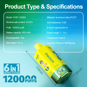 Advertising poster for a yellow FIHP-120000 disposable vape showing a specifications table listing 120,000 puffs, 64 ml e-liquid, 650 mAh battery, 2%/5% nicotine salt, 0.9 Ω coil resistance, 7–12 V power range, Type-C charging, 6×6 flavors, net weight 141 g, and device dimensions 110 × 50 mm.