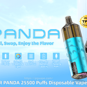 Teal metallic JNR Panda disposable vape with replaceable pods being filled, two small e‑liquid bottles and a TPD certification badge against a light blue sky-and-water background, with feature icons and the slogan 