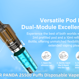 Promotional image on a light-blue background featuring a turquoise JNR Panda disposable vape with a separated brown 2ml pod hovering above a 10ml refillable body, the brand logo and headline 'Versatile Pod Kit, Dual-Module Excellence,' smaller text about the 2+10ml system and 'JNR PANDA 25500 Puffs,' and three small icons showing how to open a silicone cap, inject e‑liquid, and close the cap.