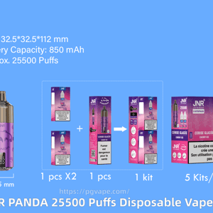 Blue product diagram showing a purple JNR Panda disposable vape with dimensions (32.5 × 32.5 × 112 mm), battery capacity 850 mAh and approx. 25,500 puffs, plus package assembly images, a 5‑kits/pack retail box and the JNR logo.