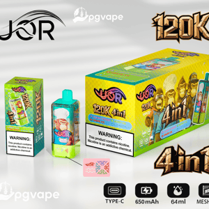 Bright green-and-yellow UOR 120K 4in1 disposable vape packaging and matching device featuring cartoon monkey chef artwork, flavor list and prominent nicotine warning label, plus icons for Type‑C, 650 mAh, 64 ml and mesh coil.