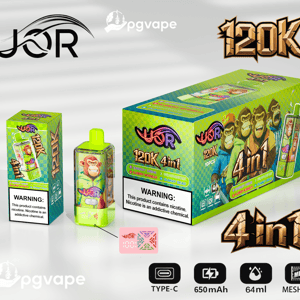 Bright green UOR 120K 4in1 disposable vape device displayed between a small and a larger matching green box featuring cartoon gorilla characters, a flavor list, a prominent nicotine warning label and icons for Type-C charging, 650 mAh, 64 ml and mesh coil.