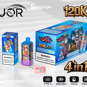 Product photograph of UOR 120K 4-in-1 disposable vape showing a blue pod device and matching large and small blue boxes decorated with cartoon ape characters, flavor list and nicotine warning label, prominent 120K and 4in1 logos, and icons indicating Type‑C, 650 mAh, 64 ml and mesh coil on a light background.