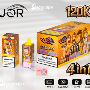 Colorful product display featuring bright orange-yellow packaging and a matching disposable vape device decorated with cartoon monkey art, prominently labeled UOR 120K 4in1 with a nicotine warning box and icons for Type‑C, 650mAh, 64ml capacity and mesh coil, set on a white background.