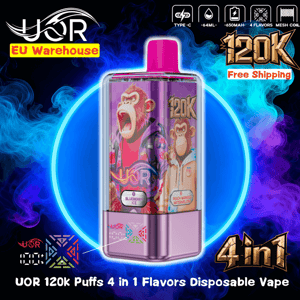 Färgglad reklambild av en rosa och lila UOR engångsvape-enhet med en tecknad apdesign och rosa munstycke mot en neonblå cirkulär glöd och rökig lila bakgrund, märkta "120K" och "4 i 1" med smakmärken för Blueberry Ice och Peach Mango Watermelon och små batteriikoner som indikerar kapacitet, Type-64Cm och 64Cm L.