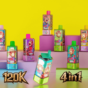 Group of brightly colored disposable vape devices with cartoon monkey artwork and metallic finishes arranged on pastel blocks against a yellow background, with bold 120K and 4in1 graphics in the foreground.