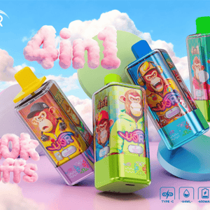 Five colorful rectangular disposable vape devices with cartoon monkey illustrations and bright caps float against a pastel cloud sky, with pink fluffy '4in1' and '120K PUFFS' text and small icons showing Type-C, 64 mL, 650 mAh, 4 flavors and mesh coil.