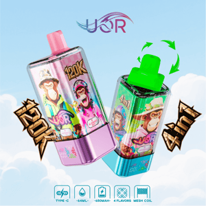 Two colorful disposable vape devices with cartoon monkey artwork — a pink unit labeled 120K and a green-blue unit marked 4in1 with a rotating green mouthpiece icon — floating against a blue sky beneath a stylized YOR logo, with small icons along the bottom indicating Type‑C, 64ml, 650mAh, 4 flavors and mesh coil.