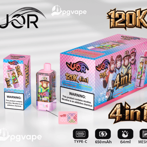 Pink UOR 120K 4in1 disposable vape device with cartoon monkey artwork displayed next to matching small and large product boxes showing nicotine warning labels and icons for Type‑C, 650 mAh, 64 ml, and mesh coil.