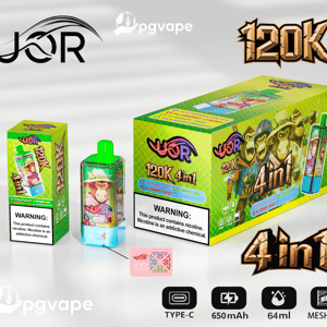 Bright green-and-yellow UOR 120K 4-in-1 vape product display showing a large 10-pack box, a small retail box, and a transparent disposable device with a green mouthpiece and cartoon monkey artwork, prominent nicotine warning labels, and icons indicating Type-C charging, 650 mAh, 64 ml, and mesh coil.