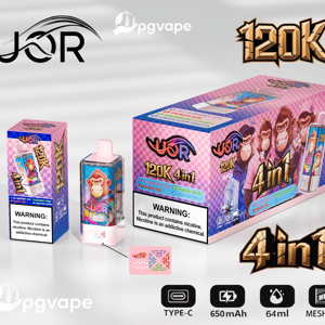 Pink checkered retail box and matching disposable vape device branded UOR 120K 4in1 with colorful cartoon monkey artwork, flavor labels (Blueberry Ice, Peach Ice, Rainbow Candy, Lemon Sour Orange), a nicotine warning panel, and icons for Type-C, 650 mAh, 64 ml, and mesh coil.