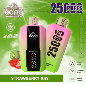 緑のスモーキーな背景に「bang」のブランド名と「25 PUFFS」のラベルが付けられた、ピンクから緑のグラデーションの使い捨て電子タバコ デバイス 2 台。イチゴとキウイのスライスと、容量 30 mL、650 mAh バッテリー、Type-C 充電、「ダブルメッシュ」1.0Ω コイルを示すアイコンが付いています。.
