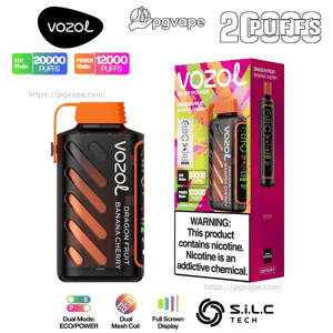 Colorful product image of a Vozol disposable vape and its matching retail box featuring a black-and-orange device labeled “Dragon Fruit Banana Cherry,” puff counts (Eco Mode 20,000 puffs, Power Mode 12,000 puffs), a prominent nicotine addiction warning, and technology logos for dual mesh coil and S.i.L.C. tech.