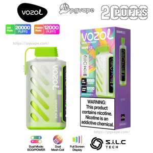 Lime-green translucent Vozol Gear Power disposable vape labeled Grape Ice shown beside its colorful purple retail box displaying ECO Mode 20,000 puffs and Power Mode 12,000 puffs badges, brand logos, and a prominent nicotine warning.