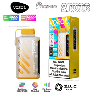 Vozol Gear Power Mango Ice disposable vape product shot showing a translucent bottle-style device with yellow cap alongside its colorful retail box, with labels indicating Eco Mode 20,000 puffs and Power Mode 12,000 puffs, a nicotine warning panel, and various brand and tech logos.