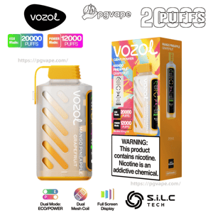 A translucent yellow-capped Vozol disposable vape device beside its colorful retail box labeled Mango Pineapple Grapefruit, displaying Eco Mode 20,000 puffs and Power Mode 12,000 puffs badges, a prominent nicotine warning, and various brand and technology logos.