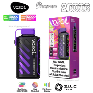 Black-and-purple Vozol 'Mixed Berries' disposable vape device displayed next to its colorful retail box, labeled Eco Mode 20,000 puffs and Power Mode 12,000 puffs with a prominent nicotine-warning panel.