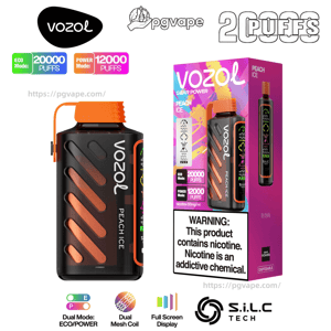 Black-and-orange Vozol 'Peach Ice' disposable vape device beside its colorful retail box displaying ECO Mode 20,000 puffs and POWER Mode 12,000 puffs badges, flavor name and a prominent nicotine warning.