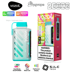 Vozol Gear Power 'Watermelon Ice' disposable vape device in turquoise-and-white with diagonal vents shown next to its colorful retail box, displaying Eco Mode 20,000 puffs and Power Mode 12,000 puffs labels, brand logos and a nicotine warning.