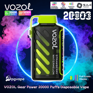 Black and neon‑green Vozol Gear Power disposable vape with a top loop and diagonal vents labeled “Strawberry Watermelon,” shown with a glowing neon ring and purple‑blue smoke backdrop and text noting 20,000 puffs plus brand and feature icons.