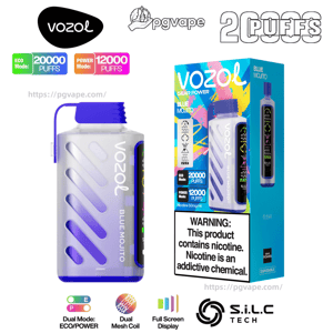 Purple-and-white Vozol Gear Power Blue Mojito disposable vape next to its colorful retail box showing brand logos, Eco mode 20,000 puffs and Power mode 12,000 puffs badges, a nicotine-warning panel, and small tech icons.
