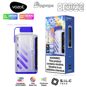 Vozol Blue Razz Ice disposable vape and matching box, showing a translucent purple-and-white bottle with a blue cap, labels advertising Eco Mode 20,000 puffs and Power Mode 12,000 puffs, colorful packaging art, and a prominent nicotine warning that the product contains nicotine and is addictive.