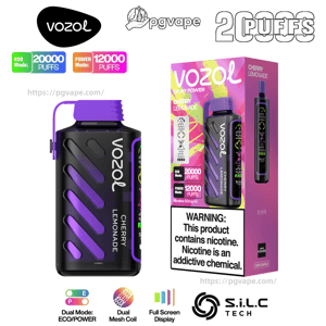 Vozol Gear Power Cherry Lemonade disposable vape shown as a black-and-purple bottle-style device beside its colorful box displaying Eco Mode 20,000 puffs, Power Mode 12,000 puffs, nicotine 50 mg/ml, and a prominent nicotine warning.