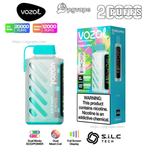 Turquoise-and-white Vozol disposable vape device next to its colorful retail box labeled “Double Apple Ice,” showing mode badges for Eco Mode 20,000 puffs and Power Mode 12,000 puffs and a prominent nicotine warning label.