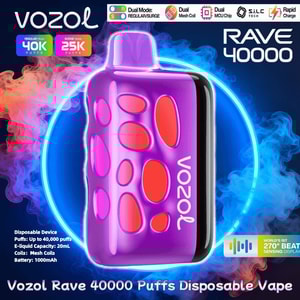 Promotional graphic showing a purple Vozol Rave 40000 disposable vape with red oval cutouts and a vertical VOZOL logo set against a neon blue circular smoke background, with text advertising up to 40,000 puffs.