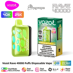 Lime-green Vozol Rave 40000 disposable vape with rounded pebble-shaped cutouts displayed beside its matching Watermelon Bubblegum box showing 