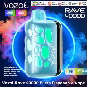 Reklamnärbild av en ljusblå VOZOL Rave 40000 engångsvape med glödande gröna ovala fönster inramade av en neonblå ring och färgglad ånga, som visar varumärke, Rave 40000-namnet och kännetecken som annonserar upp till 40 000 puffar, 20 ml e-vätskor och snabbladdningsteknik, coil-mode-teknik.