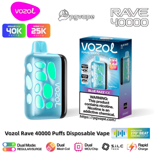 Light-blue Vozol Rave 40000 'Blue Razz Ice' disposable vape next to its box, showing the pod's oval cutout design and Vozol logo, with packaging labels for 40K regular/25K surge puffs, a nicotine warning, and feature icons (beat-sensing display, dual mode, dual mesh coil, rapid charge).