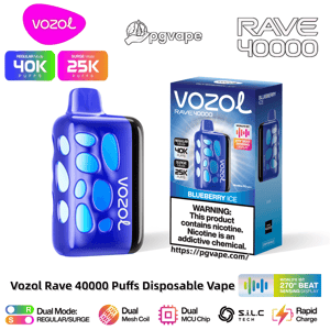 Glossy blue Vozol Rave 40000 disposable vape with pebble-shaped oval cutouts shown next to its Blueberry Ice retail box displaying '40K/25K puffs' badges and a nicotine warning label.