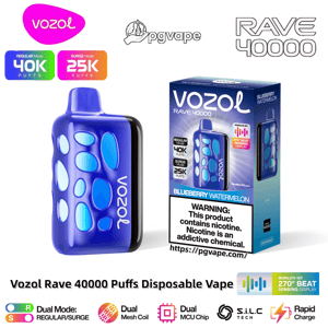 Purple-blue Vozol Rave 40000 disposable vape with rounded pebble-pattern cutouts beside its boxed Blueberry Watermelon packaging, showing 40K regular / 25K surge puffs, a 270° beat-sensing display icon and a nicotine warning label