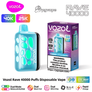 A turquoise Vozol Rave 40000 disposable vape with rounded pebble-shaped cutouts shown next to its purple Cherry Strawberry box labeled Regular 40K puffs / Surge 25K puffs, a nicotine warning, and icons advertising a 270° beat-sensing display and other features.