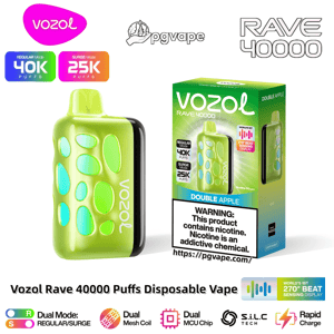 Bright lime-green Vozol Rave 40000 disposable vape with rounded pebble-shaped LED windows beside its matching 'Double Apple' box showing 'Regular Mode 40K puffs / Surge Mode 25K puffs', a prominent nicotine warning label and feature icons for 270° beat-sensing display, dual mesh coil, dual MCU chip, SiLC tech and rapid charge.