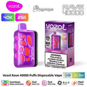 Purple and red oval-patterned Vozol Rave 40000 disposable vape device pictured beside its purple 'Grape Ice' box showing labels for Regular 40K and Surge 25K puffs, a nicotine warning, and feature icons indicating beat-sensing display and other features