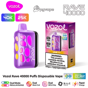 Promotional image showing a purple Vozol Rave 40000 disposable vape with pebble-shaped colored windows beside its matching 'Love 777' packaging that displays 40K (regular) and 25K (surge) puffs labels, a prominent nicotine warning, brand logos and small technical icons.