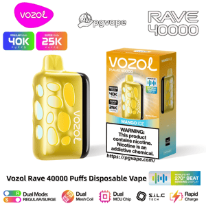 Yellow Vozol Rave 40000 disposable vape device with rounded oval cutouts shown beside its Mango Ice packaging that displays 'VOZOL RAVE 40000', labels for Regular 40K puffs and Surge 25K puffs, a nicotine warning, and icons highlighting dual mode, dual mesh coil and beat‑sensing display.