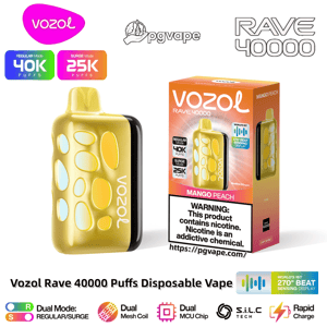 Yellow metallic Vozol Rave 40000 disposable vape with oval cutout design beside its orange Mango Peach box labeled 40K regular/25K surge puffs, brand logos and a nicotine warning.