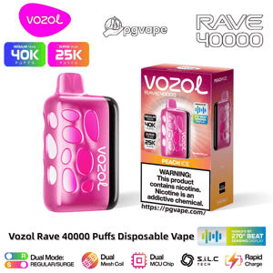 Pink Vozol Rave 40000 disposable vape with rounded pebble-like indents shown next to its peach ice retail box labeled 'Vozol Rave 40000,' featuring puff-count badges (Regular 40K, Surge 25K), a nicotine warning panel and icons for dual modes and a beat-sensing display.