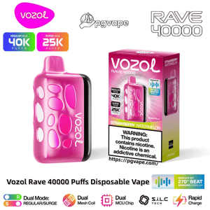Pink Vozol Rave 40000 disposable vape with pebble-patterned body shown beside its matching strawberry watermelon box bearing '40K regular / 25K surge puffs' badges and a nicotine warning label.