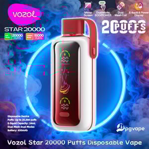 Red-and-white Vozol Star disposable vape device with a vertical color display showing power and flame icons centered against a neon blue circular glow and smoky background, surrounded by text and graphics advertising 20,000 puffs, ECO/POWER modes, 24mL e-liquid capacity and brand logos.