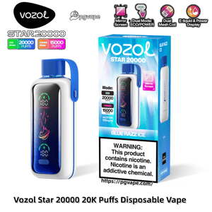 Vozol Star 20000 disposable vape device and packaging: a white-and-blue pod with a blue loop handle and glossy black mirror screen showing colorful flame graphics and LED indicators, shown beside its Blue Razz Ice box labeled STAR 20000 with ECO 20,000 / POWER 15,000 puffs, 50 mg/ml nicotine and a prominent nicotine warning.