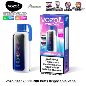 Blue-and-white Vozol Star 20000 disposable vape device displayed beside its purple-blue 'Blueberry Storm' box showing ECO 20000 and POWER 15000 puff modes, a nicotine 50 mg/ml label and a prominent nicotine addiction warning.