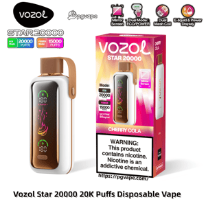 Vozol Star 20000 disposable vape and matching pink-orange Cherry Cola box shown side by side, featuring a white-and-bronze device with a mirror screen, icons indicating ECO 20,000 puffs and POWER 15,000 puffs, nicotine 50 mg/ml, and a prominent black-and-white nicotine warning on the packaging.