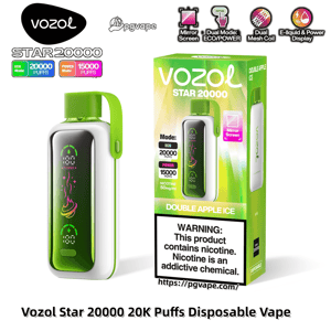 Green-and-white Vozol Star 20000 disposable vape device shown beside its matching green retail box for the 'Double Apple Ice' flavor, featuring a mirror-style display, icons for dual ECO/POWER modes (20,000 ECO / 15,000 POWER puffs), 50 mg/ml nicotine labeling and a prominent nicotine addiction warning.