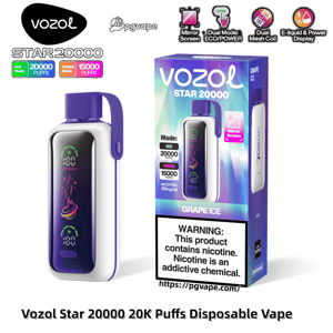 Purple-and-white Vozol Star 20000 disposable vape next to its holographic 'Grape Ice' box, featuring a mirror-style digital screen, purple carry loop, ECO 20,000/POWER 15,000 puffs indicators, nicotine 50 mg/ml labeling and a nicotine warning panel.